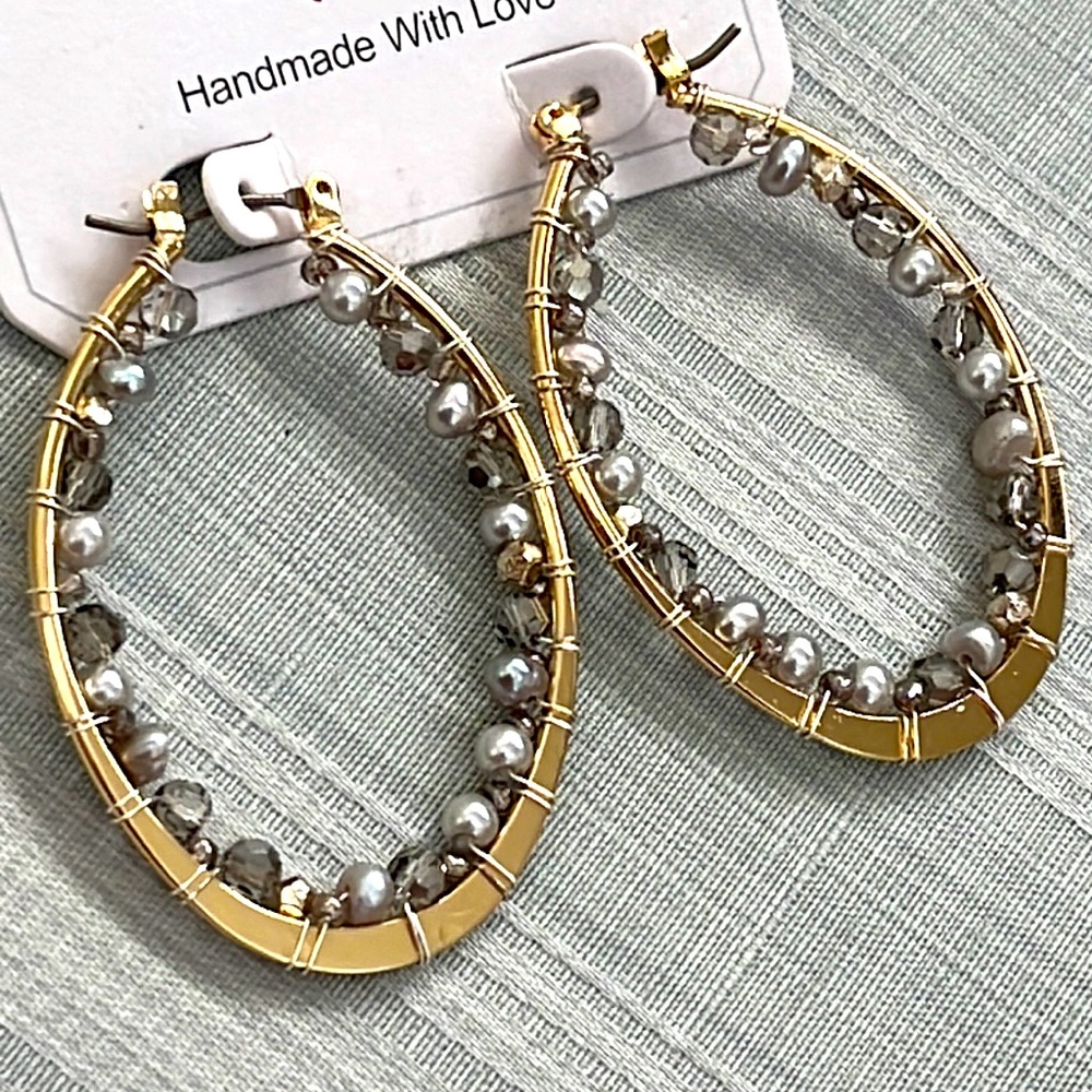 Beautiful handmade pearl and crystal oval hope earrings by Nakamol-NWT